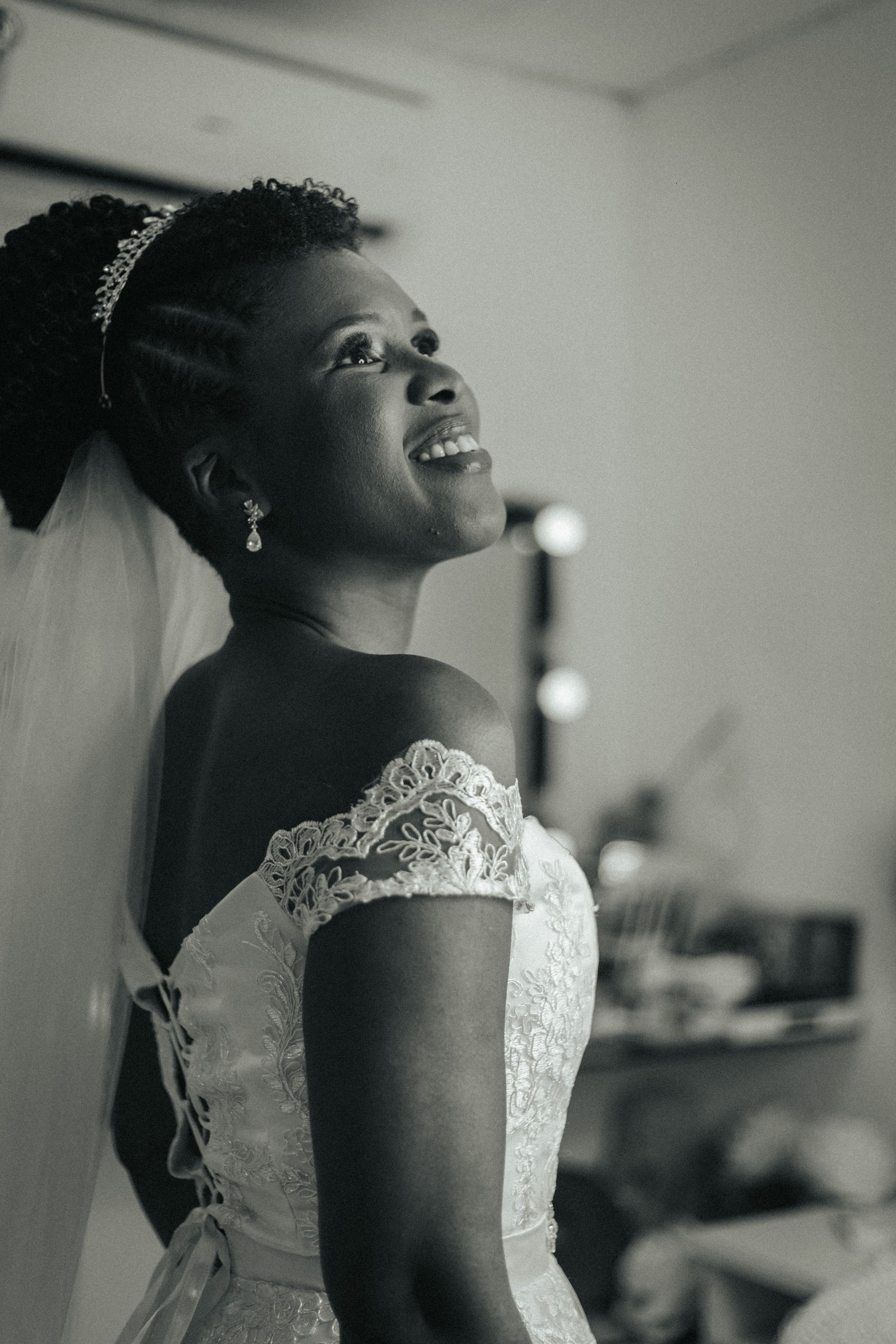 Black and white portrait of a bride with sleek hair