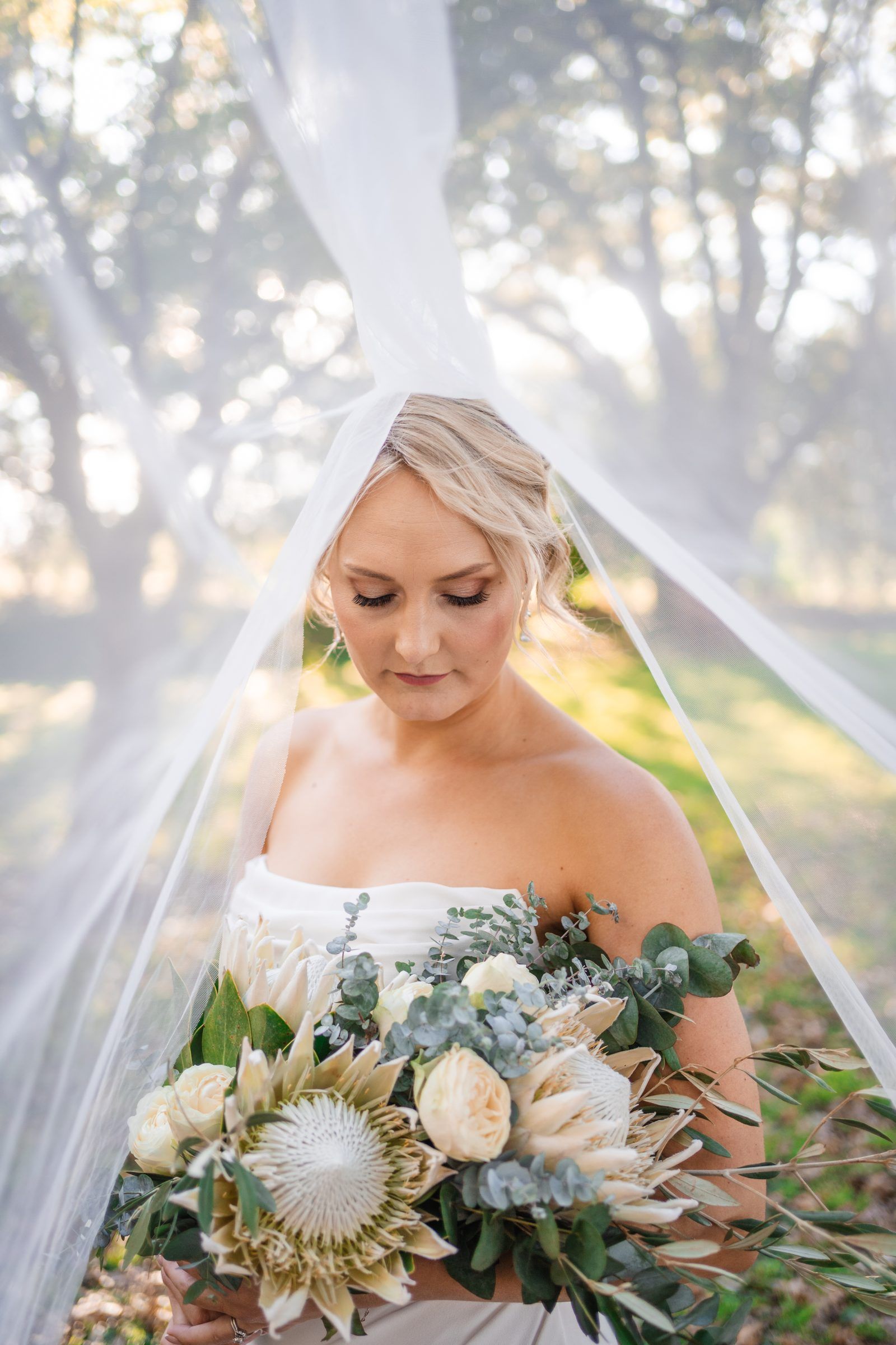 Bride under her veil holding a protea bouquet